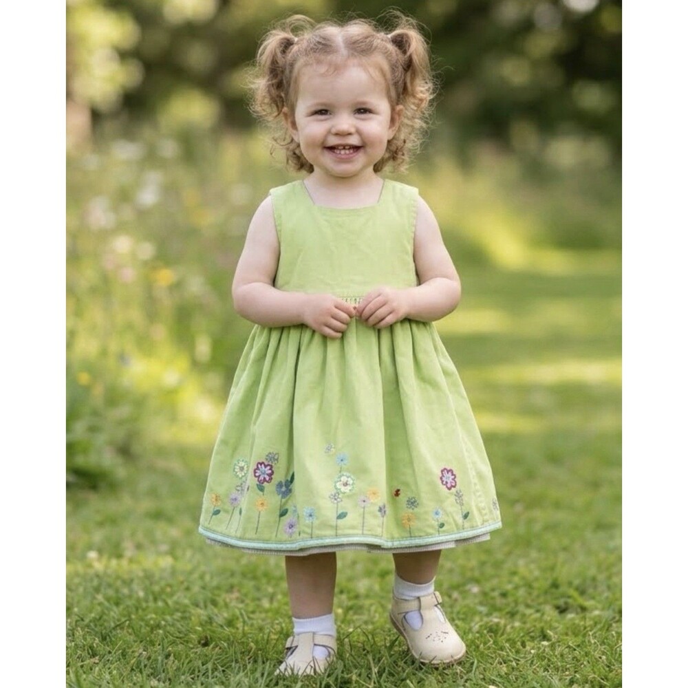VTG Baby Gap Lime Green Heavy Cotton Denim Dress Floral Embroidered Lined Y2K 2T